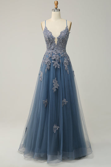 Spaghetti Straps A Line Grey Blue Long Ball Dress with Criss Cross Back